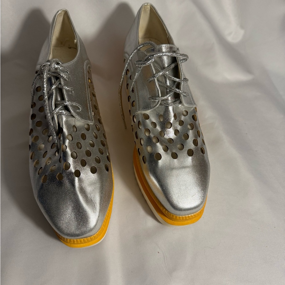 Silver Perforated Women's Shoes with Yellow Sole
